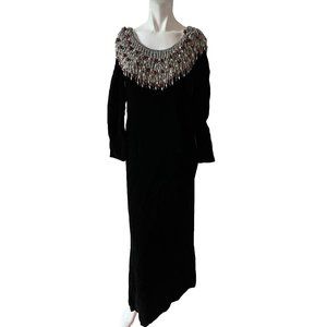 Embellished Black Long-Sleeve Maxi Dress